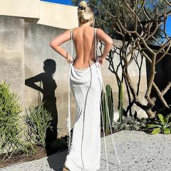 Casual Fashion Party Beach Vacation Summer sexy backless tie temperament long dress breasted neck dress