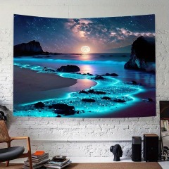 Enchanting Blue Sea & Moon Tapestry - Polyester Wall Hanging for Bedroom, Dorm Decor | Includes Free Accessories