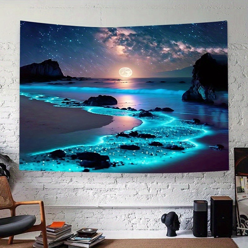 Enchanting Blue Sea & Moon Tapestry - Polyester Wall Hanging for Bedroom, Dorm Decor | Includes Free Accessories