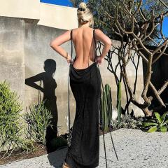 Casual Fashion Party Beach Vacation Summer sexy backless tie temperament long dress breasted neck dress