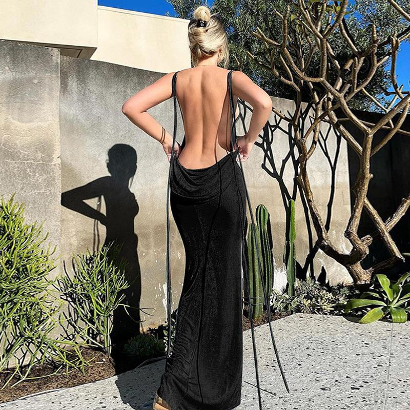 Casual Fashion Party Beach Vacation Summer sexy backless tie temperament long dress breasted neck dress