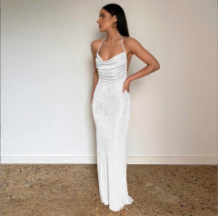 Casual Fashion Party Beach Vacation Summer sexy backless tie temperament long dress breasted neck dress
