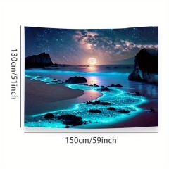 Enchanting Blue Sea & Moon Tapestry - Polyester Wall Hanging for Bedroom, Dorm Decor | Includes Free Accessories