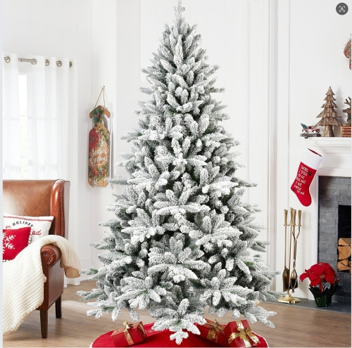 6FT PVC&PE Flocked Hinged Tree Environmentally Friendly Fireproof Artificial Christmas Flocked Tree,New material,Traditional Christmas tree for Holiday,Party,Offic, Home living