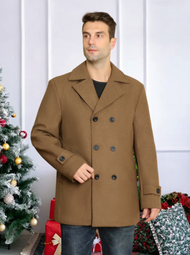 FLY Men’s Double-Breasted Wool Coat – Classic Gray Long Overcoat, Winter Warm Business & Casual Style