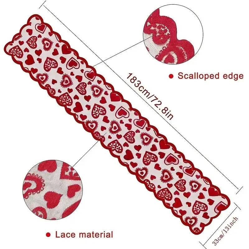 1pc Valentines Day Decorations Table Runner, 13 X 72 Inch Lace Heart Table Runner For Wedding Party