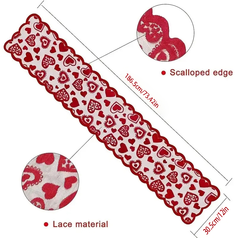 1pc Valentines Day Decorations Table Runner, 13 X 72 Inch Lace Heart Table Runner For Wedding Party