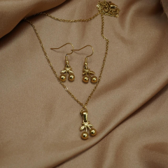 Lxalry 18K Gold Plated Cherry Mirror Jewelry Set, Hypoallergenic Skin-Safe Necklace &amp; Drop Earrings, Never-Fade Adjustable Luxury Gift for Daily/Evening Wear