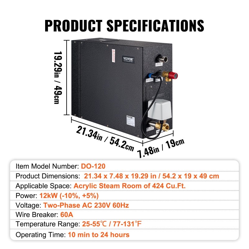 VEVOR 12KW Steam Shower Generator, Segmented Heating &amp; Temperature Customization &amp; 24h Timer Steam Kit, Automatic Drainage Home Steam Shower System