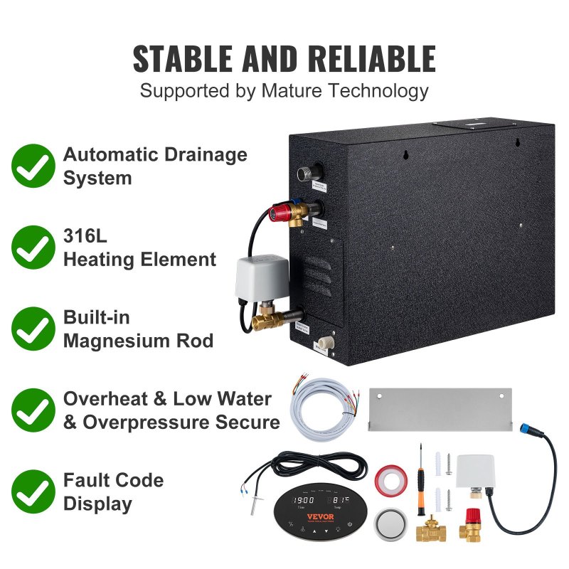 VEVOR 12KW Steam Shower Generator, Segmented Heating &amp; Temperature Customization &amp; 24h Timer Steam Kit, Automatic Drainage Home Steam Shower System