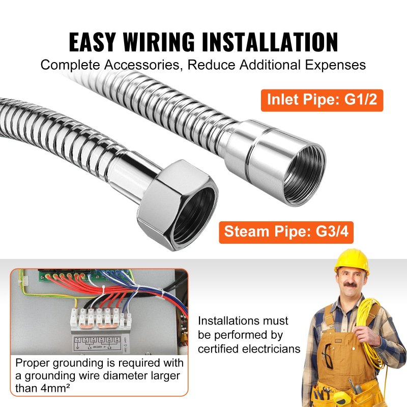 VEVOR 12KW Steam Shower Generator, Segmented Heating &amp; Temperature Customization &amp; 24h Timer Steam Kit, Automatic Drainage Home Steam Shower System