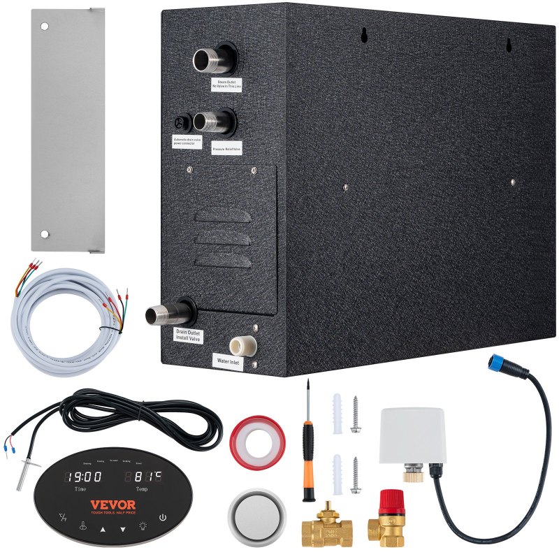 VEVOR 12KW Steam Shower Generator, Segmented Heating &amp; Temperature Customization &amp; 24h Timer Steam Kit, Automatic Drainage Home Steam Shower System