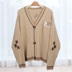 Brown Stars Embroidery Beige Knit Cardigan