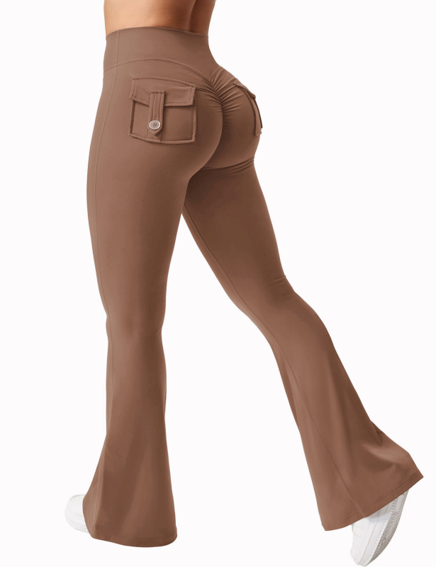 New women's casual flared yoga pants, training flared pants, high waisted work clothes, waist belt pocket sportswear