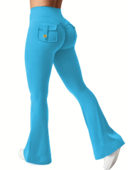 New women's casual flared yoga pants, training flared pants, high waisted work clothes, waist belt pocket sportswear