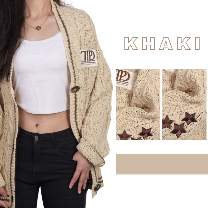 Brown Stars Embroidery Beige Knit Cardigan