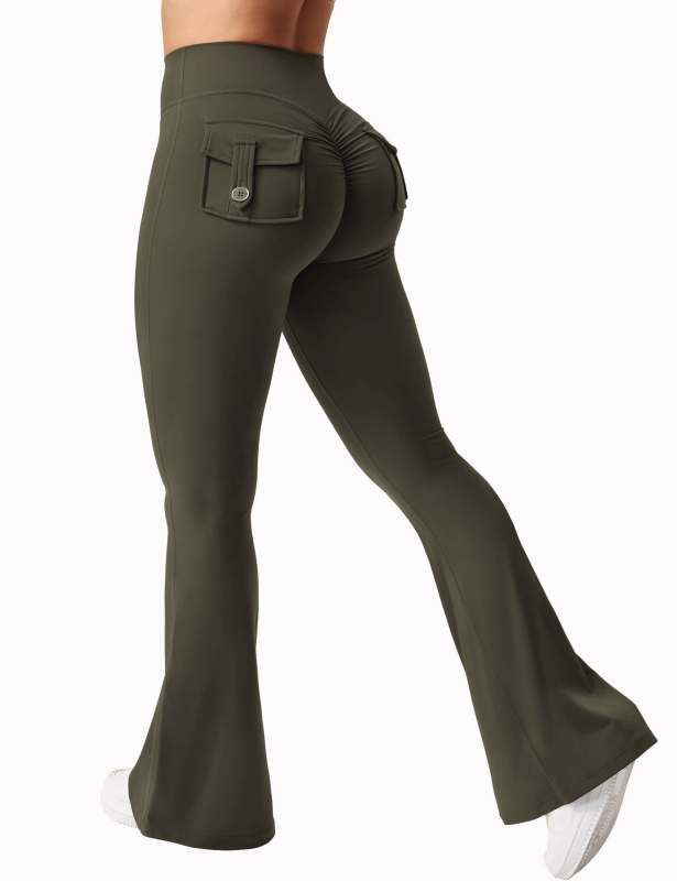 New women's casual flared yoga pants, training flared pants, high waisted work clothes, waist belt pocket sportswear