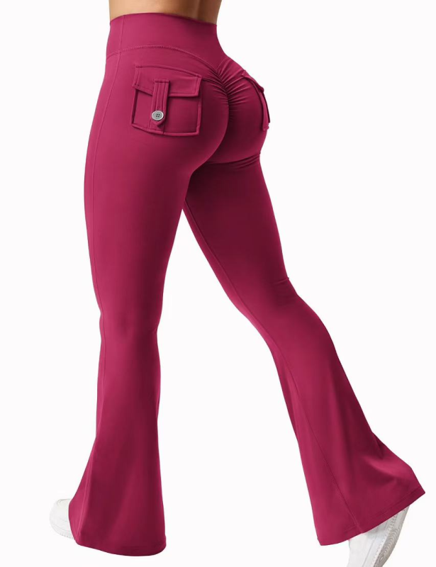 New women's casual flared yoga pants, training flared pants, high waisted work clothes, waist belt pocket sportswear