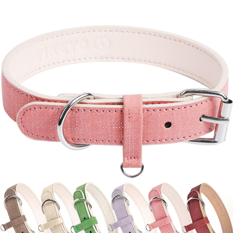 Soft Adjustable Leather Plaid Adjustable Dog Collar with Rust-Proof Metal Buckle