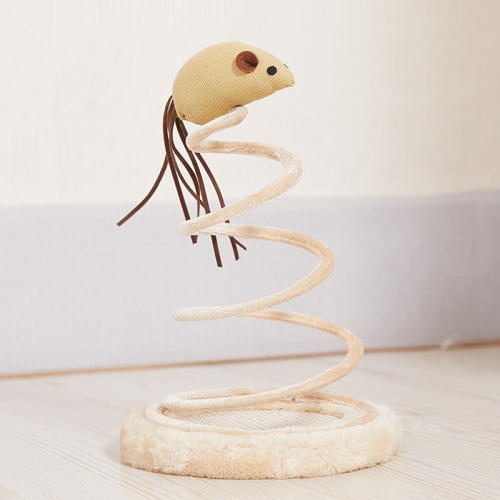 Interactive Cat Toy – Fabric Mouse with Spring Coil and Plush Base, Bouncy Teaser for Indoor Cats & Kittens, Beige
