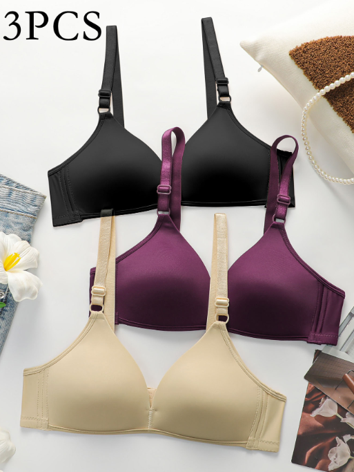 1/2/3PCS Women's Casual Comfy Fabric Plain Padded Bra Lady's Comfortable Wireless Soft Cup Solid Underwear Bra