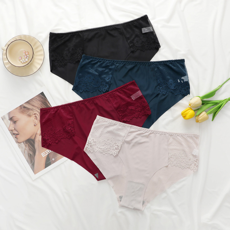 Viomisha 4-piece set of women's oversized ice silk panties, skin friendly and breathable lace wrapped around the hips, mid low waist triangle pants # Z2400