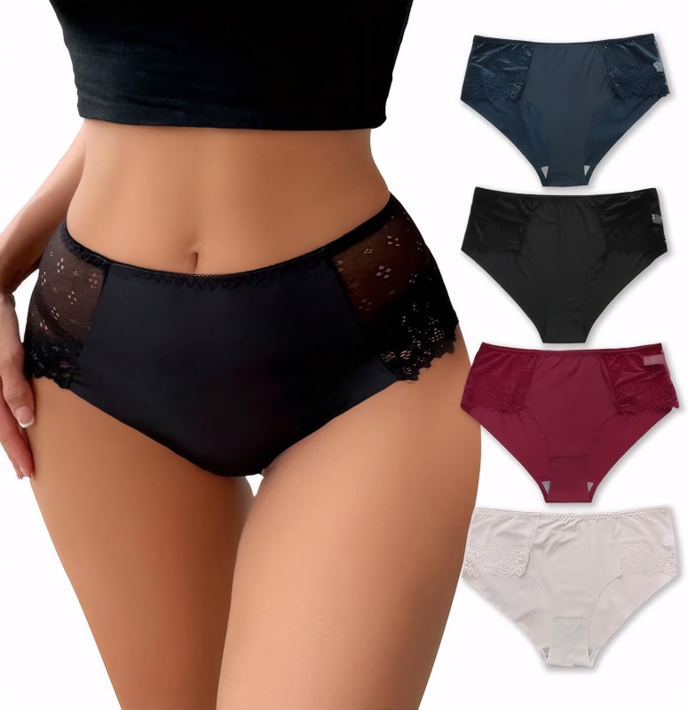 Viomisha 4-piece set of women's oversized ice silk panties, skin friendly and breathable lace wrapped around the hips, mid low waist triangle pants # Z2400