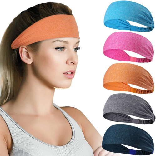 Sports Headbands for Men & Women (5 Pack), Moisture Wicking Sweatbands, Elastic Non Slip Sweat Bands, Athletic Workout Fashion Wide Hair Bands for Running, Cycling, Basketball, Yoga
