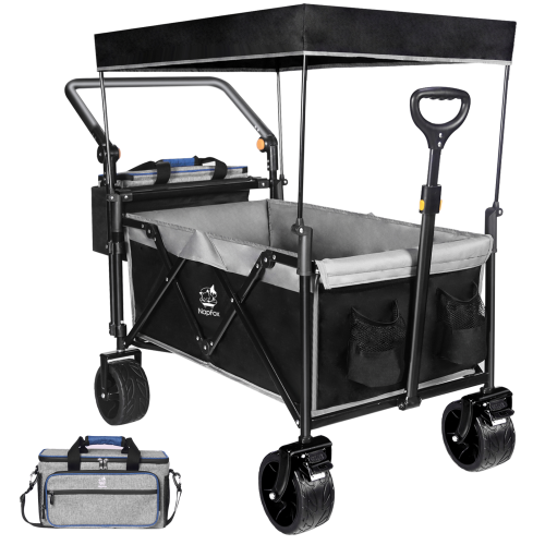 Collapsible Wagon Heavy Duty Wagons Carts Foldable with Removable Canopy, Folding Wagon Cart with Wheels for All-Terrain with Brake, Foldable Wagon with Cooler Bag, for Camping Beach Shopping