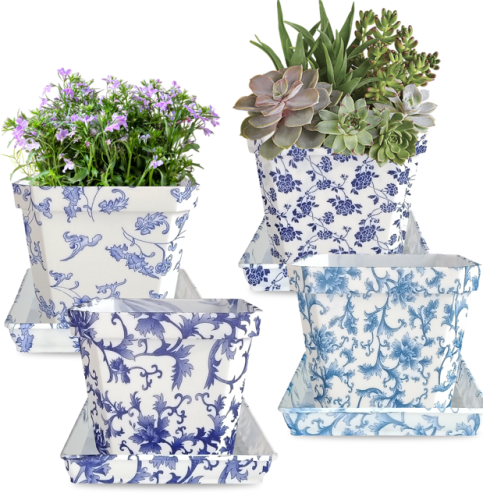 4 Pack 3.3 Inch Blue and White Porcelain Hand Painted Flower Pots, Plastic Decorative Flower Pots with Drainage Holes and Tray for Indoor and Outdoor Garden Home Plants