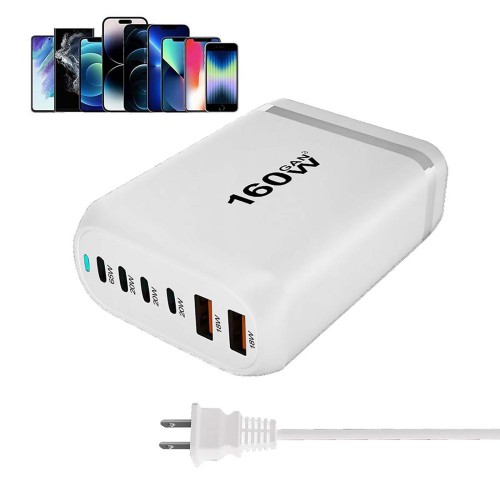 USB C Charger Block 160W,6-Port USB PD Charger,4 USB-A+2 USB-C Super Fast Charging Desktop Charging Station for iPhone/Samsung,GaN III 65W C Portable Adapter for Laptops/Tablets/MacBookPro/