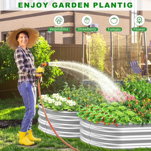 2-Piece Outdoor Galvanized Planter Box Set, Large Oval Corrosion-Resistant Metal Garden Planters, Suitable for Vegetables, Flowers, and Herbs (Silver)