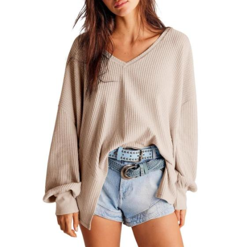 Womens Waffle Knit V-Neck Tops Fashion 2025 Long Lantern Sleeve Casual Blouses Oversized T Shirts Soft Cozy Fabric Perfect For All Seasons