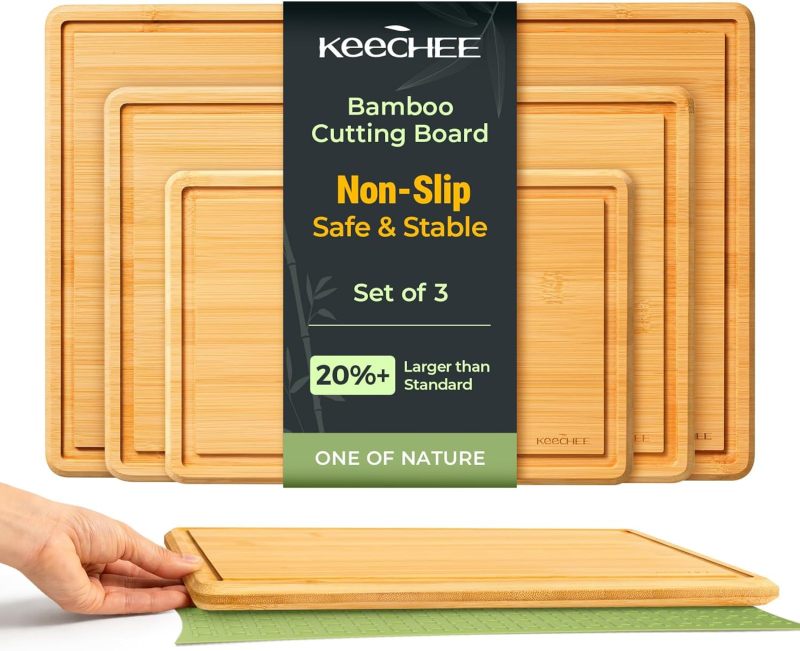 Keechee Cutting Board with Non-slip Mat, Bamboo Cutting Board for Kitchen Meal Prep & Serving - Wood Serving Board Set with Deep Juice Groove Ideal Kitchen Gifts
