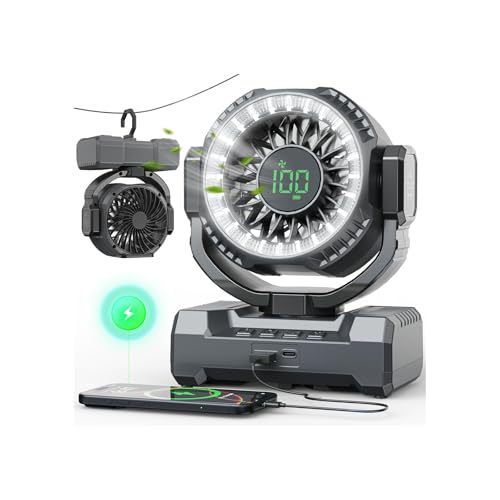 24000mAh Camping Fan, Portable Rechargeable Fan, Battery Powered Fan with LED Lantern & 120° Oscillation, Battery Operated Ventiladores for Travel, Tent, Fishing, Jobsite, Outdoor, Gifts for Men Dad