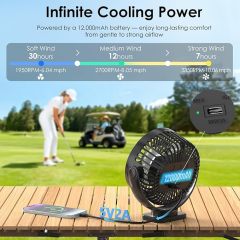 Minthouz Magnetic Golf Cart Fan, Rechargeable 12000mAh Fan, 3-Speed 360° Rotation, Timer Function, LED Lighting, Magnetic Base & Strap, Compatible with EZGO, Club Car, Yamaha Golf Carts