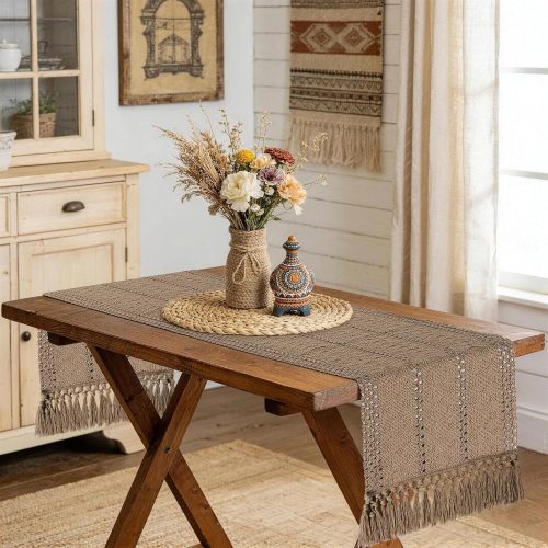 yuboo Boho Short Table Runner 36 Inches Long, Spring Macrame Dresser Scarf with Tassels, Farmhouse Small Table Cover Decor for Coffee Table, Dining Room, Bedroom Cabinet, Brown