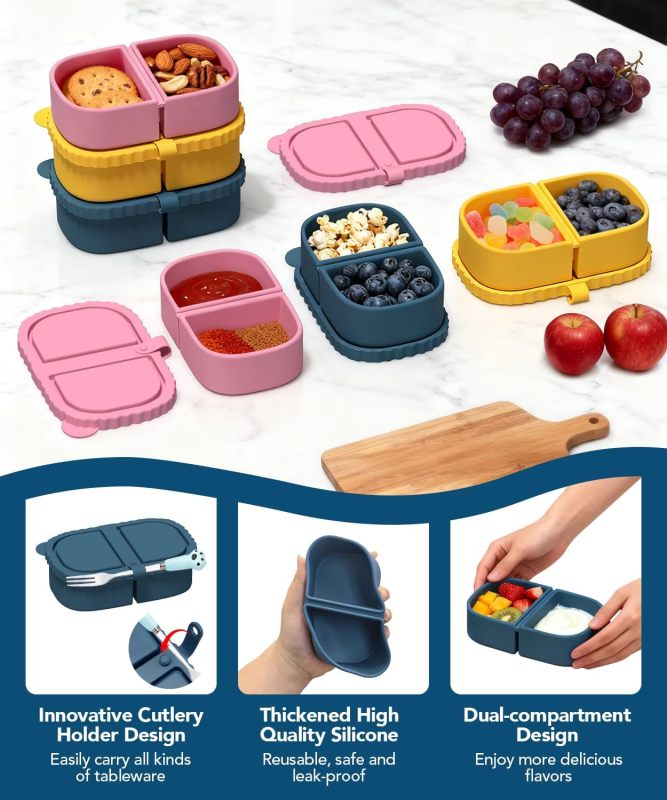 3 Pack Reusable Silicone Snack Containers, 8 oz Double Compartment Portable Snack Box with 3 Forks, Small Leakproof Food Storage Containers with Lids for Salad Dressing Sauce