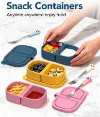 3 Pack Reusable Silicone Snack Containers, 8 oz Double Compartment Portable Snack Box with 3 Forks, Small Leakproof Food Storage Containers with Lids for Salad Dressing Sauce