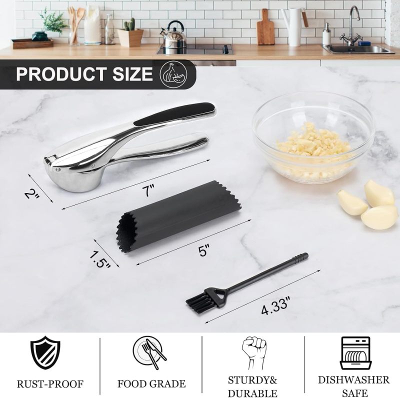 Professional Garlic Mincer Tool - Easy-Squeeze, Easy-Clean with Soft, Ergonomic Handle - Silicone Garlic Peeler & Brush