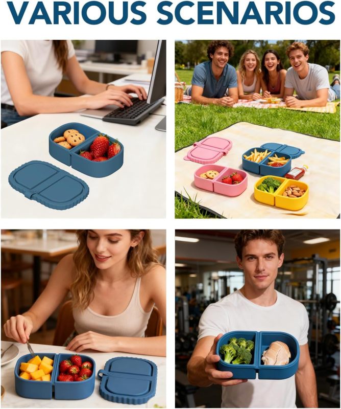 3 Pack Reusable Silicone Snack Containers, 8 oz Double Compartment Portable Snack Box with 3 Forks, Small Leakproof Food Storage Containers with Lids for Salad Dressing Sauce