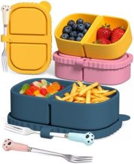 3 Pack Reusable Silicone Snack Containers, 8 oz Double Compartment Portable Snack Box with 3 Forks, Small Leakproof Food Storage Containers with Lids for Salad Dressing Sauce