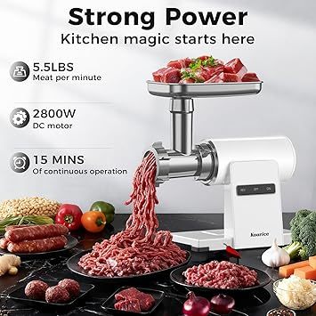 Electric Meat Grinder, Sausage Stuffer, 5.5LBS/Min with Copper Motor &amp; Metal Gears, Auto-Reverse, 2 Blades, 3 Grinding Plates &amp; Kubbe Kit for Home Kitchen Use