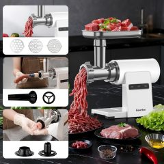 Electric Meat Grinder, Sausage Stuffer, 5.5LBS/Min with Copper Motor &amp; Metal Gears, Auto-Reverse, 2 Blades, 3 Grinding Plates &amp; Kubbe Kit for Home Kitchen Use