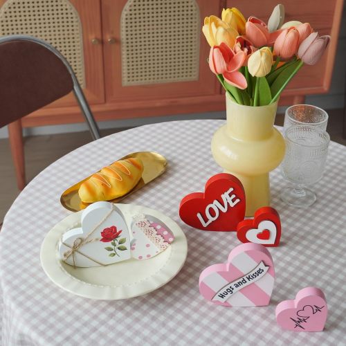 6 Pcs Wooden Hearts Seasonal Decor Indoor, Wooden Signs Table Centerpiece Tiered Tray Decorations for Valentines Day,Mother Day,Wedding,Heart Decorations for Home Party Office Shelf Door