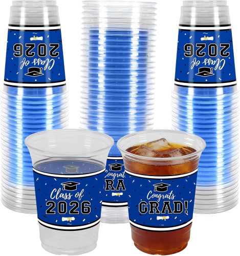 50Pcs 16oz Graduation Cups 2026 Blue Disposable Plastic Cups Graduation Party Supplies Class of 2026 Decorations Graduation Party Decorations Festivities Grad Tableware Congrats Grad Party Supplies
