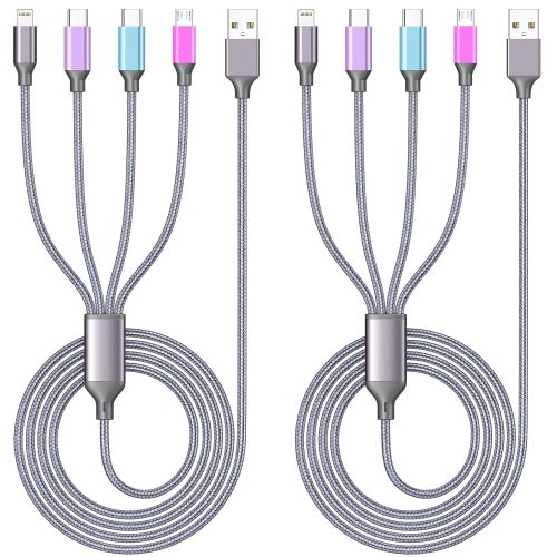Multi Charging Cable 4ft 2Pack 4 in 1 Charger Cord,Doub Tyep-C Multiple Rapid Nylon Braided Cable USB Charging Cable Multi Phone Charger Cord with Type C Micro Lightning USB Connectors for Cell Phones