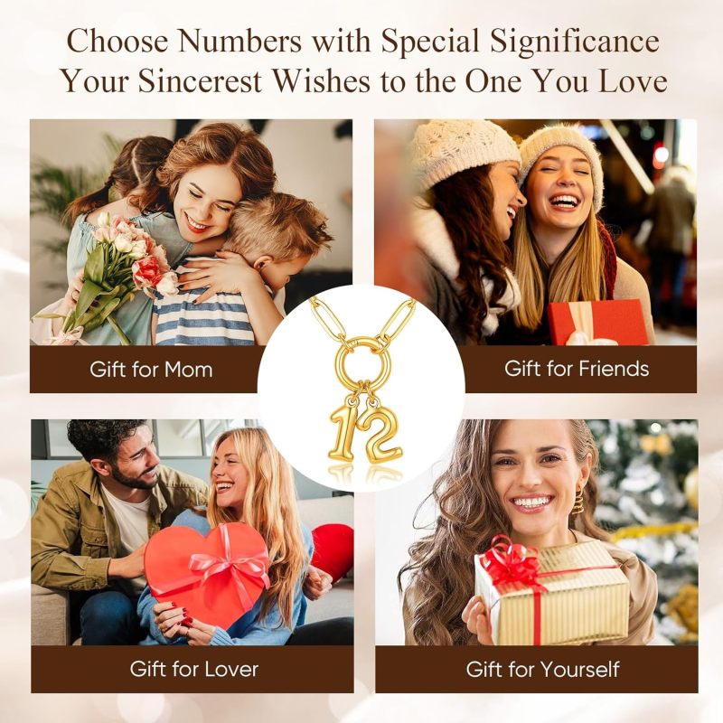 Gold Number Necklace for Women - 18k Gold Plated Necklace with Interchangeable Charm Pendant. Non-Tarnish Stainless Steel Necklace. Lucky or Birth Number Personalized Jewelry Birthday Gift