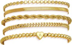 doubgood Mothers Day Gifts Gold Bracelets for Women Waterproof Stackable Heart Initial Charm Bracelets Set A-Z Letter 14K Gold Plated Adjustable Chain Link Stack Jewelry Gifts for Mom Birthday