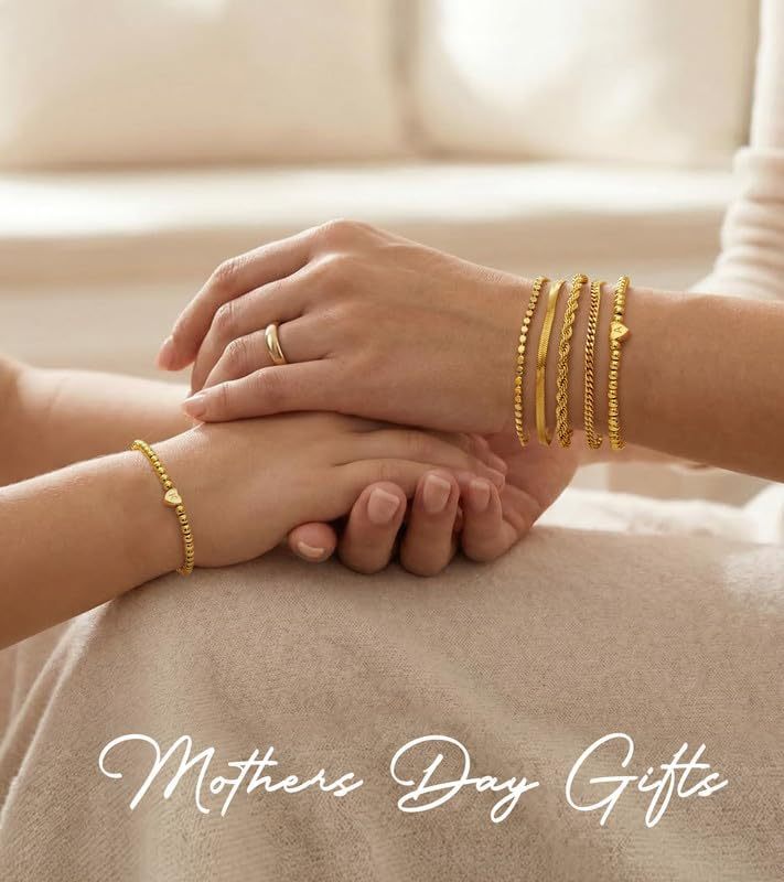 doubgood Mothers Day Gifts Gold Bracelets for Women Waterproof Stackable Heart Initial Charm Bracelets Set A-Z Letter 14K Gold Plated Adjustable Chain Link Stack Jewelry Gifts for Mom Birthday
